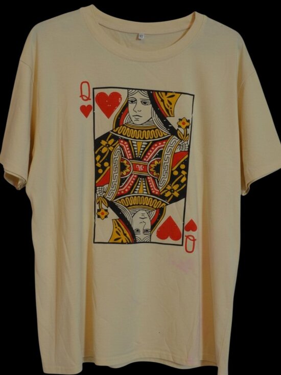Tops - Queen of Hearts Playing Card Graphic T Shirt Women's XL Cream Short Sleeve Tee